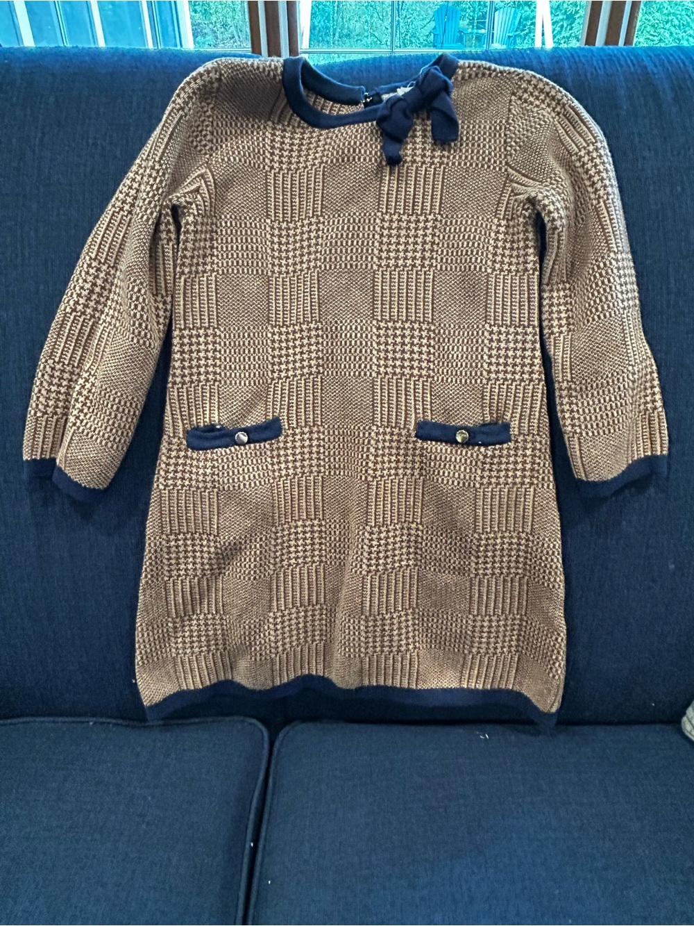 Girls Knit Dress with Navy Trim